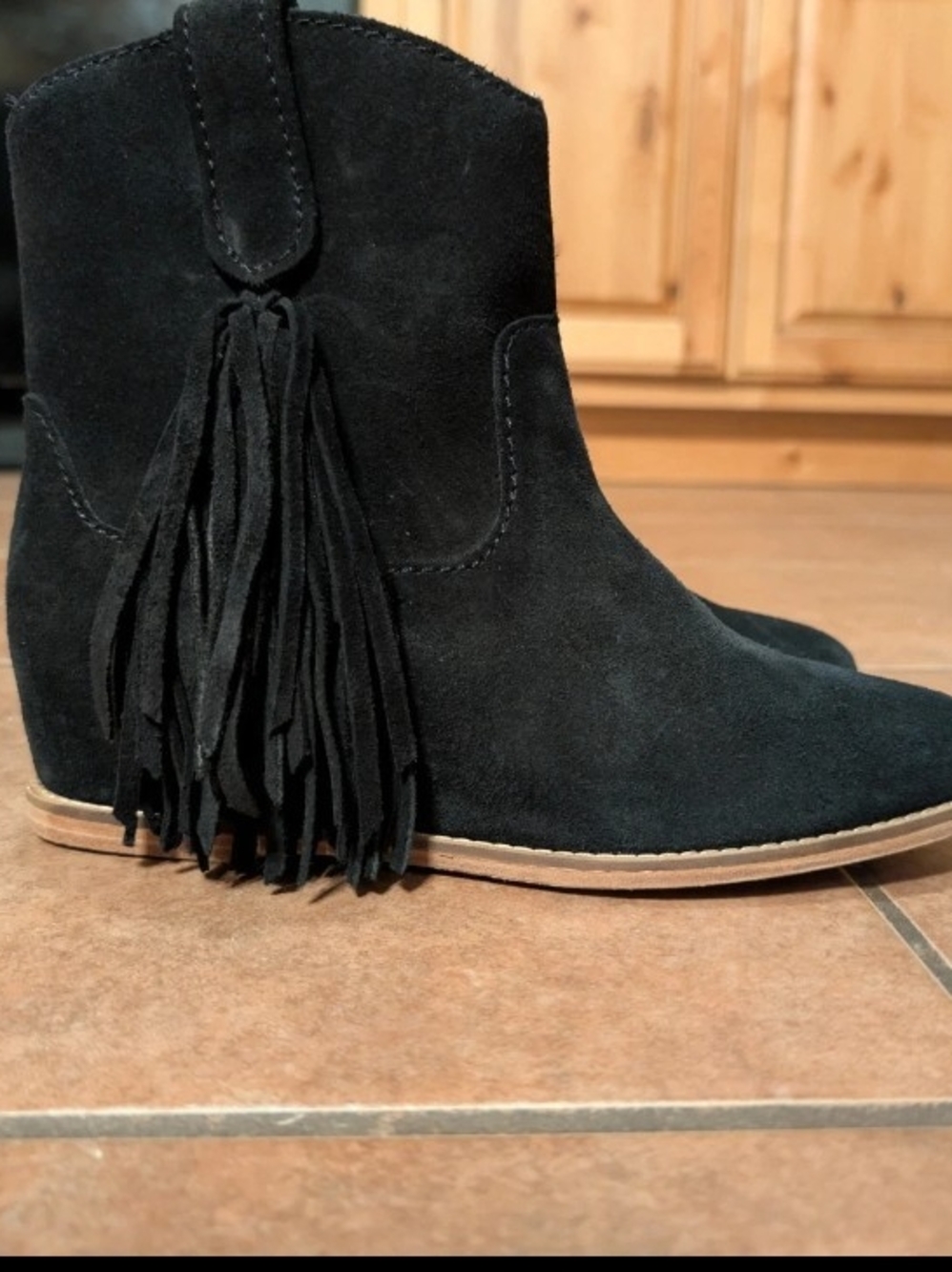 Nisolo Amaya Fringe Booties Black Suede Women's 8